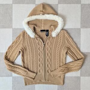 Vintage y2k DKNY Jeans faux fur hood cable knit zip cardigan sweater